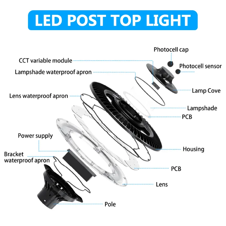 Lâmpada de jardim LED Ajustável 150W IP65 Construída-em à prova d'água 130lm/W Redonda Preto pátio de jardim Parque Yard Post Top 3
